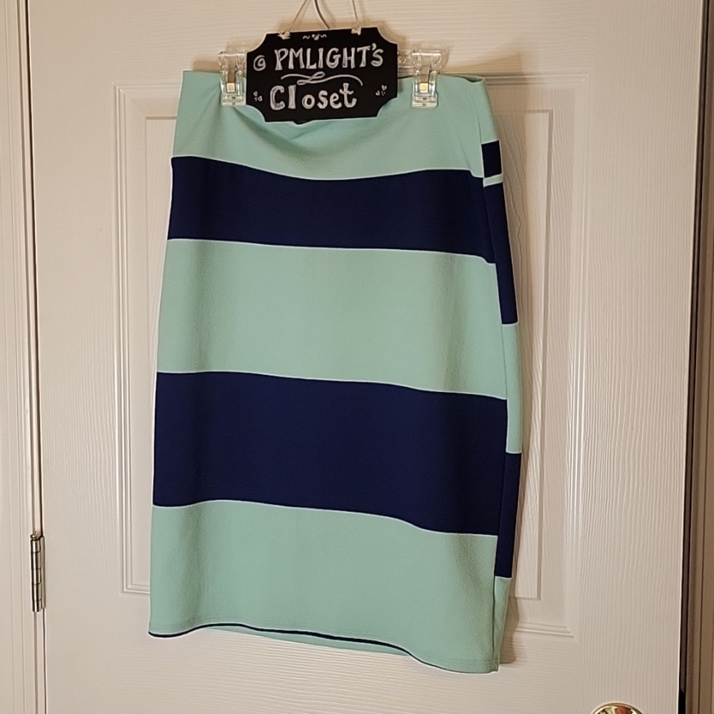 LuLaRoe Cassie Skirt Large Stripe Teal Blue
